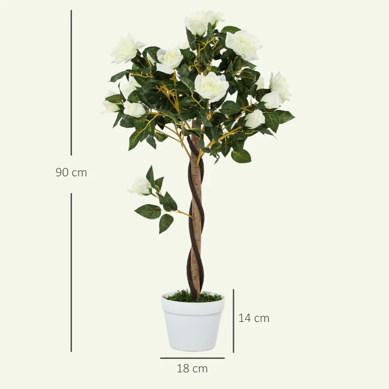 Outsunny Plantă artificială de trandafir cu 21 de flori și ghiveci umplut cu ciment și mușchi, Ø18x90 cm, albă