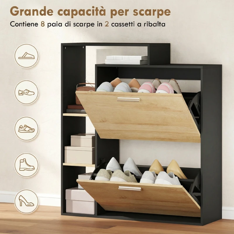 HOMCOM Mobile Portascarpe: 2 Cassetti a Ribalta, Ripiani, Nero e Legno Naturale.