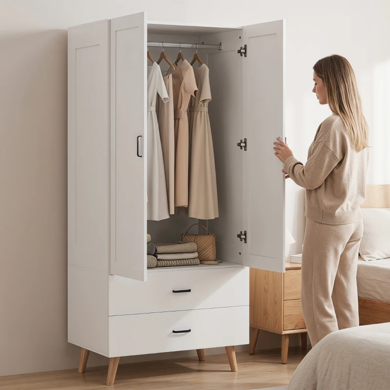 HOMCOM Armário de Quarto 2 Portas com Fecho Suave 2 Gavetas e Barra de Suspensão 80x54x180 cm Branco