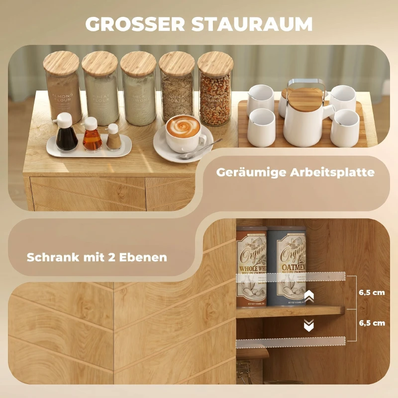 HOMCOM Buffet Cuisine, Meuble de Rangement avec 3 Portes à Motif Chevron et Pieds en Bois de Pin, 88,3x30x76cm, Bois Naturel