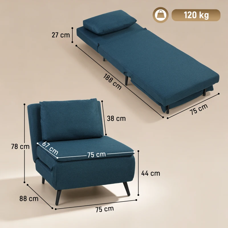HOMCOM Poltrona Convertibile Singola, Poltrona-Letto Clic-Clac 3-in-1 con Schienale Regolabile, Cuscino e Seduta Ampia, Blu