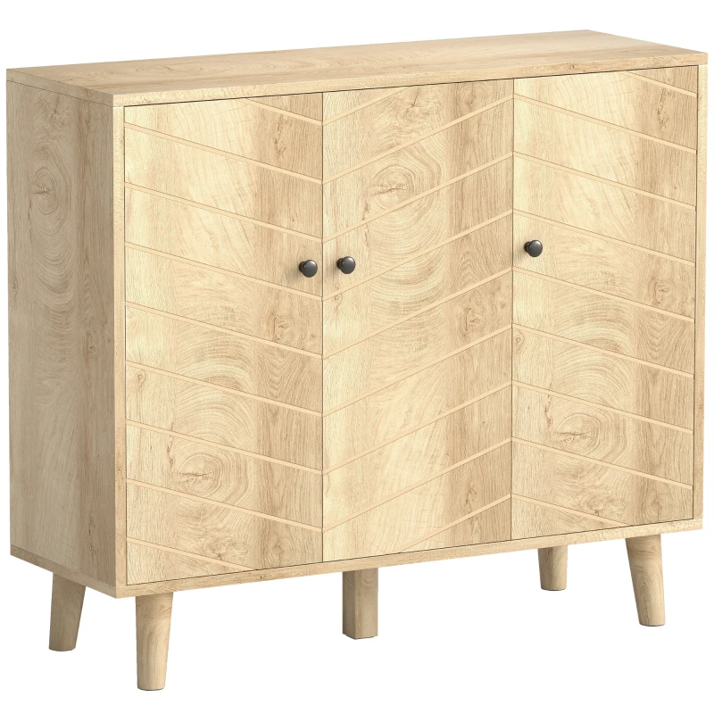 HOMCOM Buffet Cuisine, Meuble de Rangement avec 3 Portes à Motif Chevron et Pieds en Bois de Pin, 88,3x30x76cm, Bois Naturel