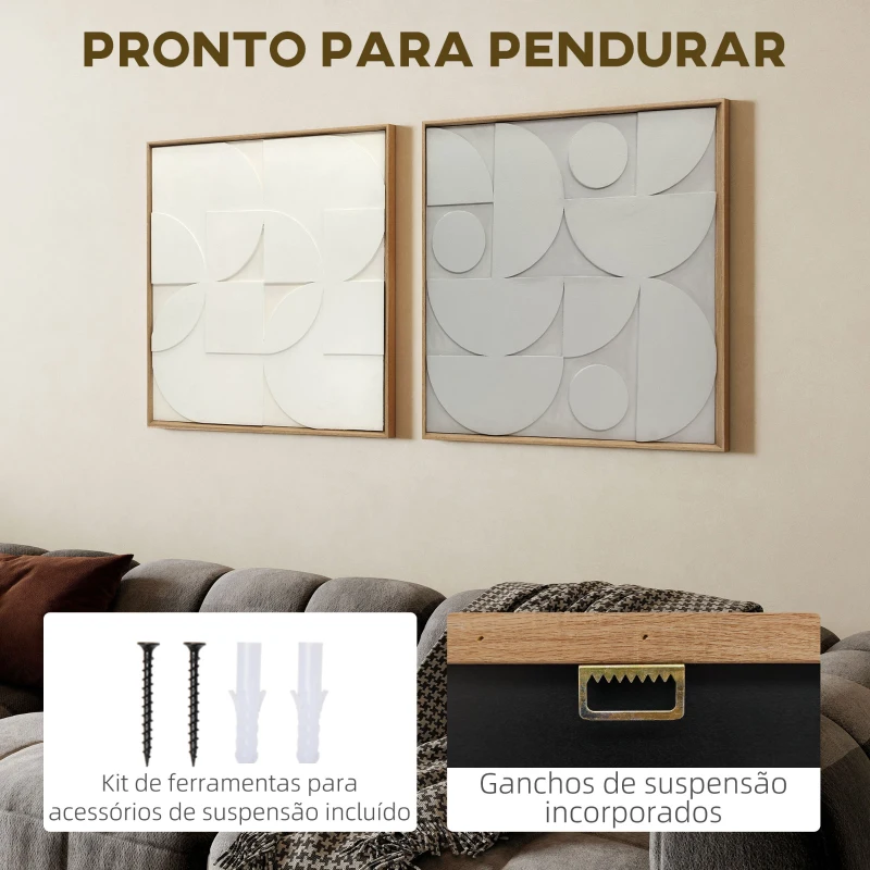 HOMCOM Decoração de Parede em Madeira 3D Conjunto de 2 Peças com 80 cm e Padrões Geométricos Branco