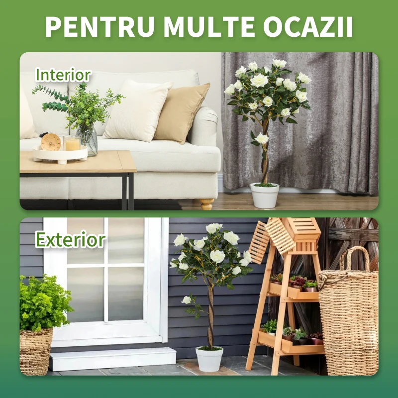 Outsunny Plantă artificială de trandafir cu 21 de flori și ghiveci umplut cu ciment și mușchi, Ø18x90 cm, albă