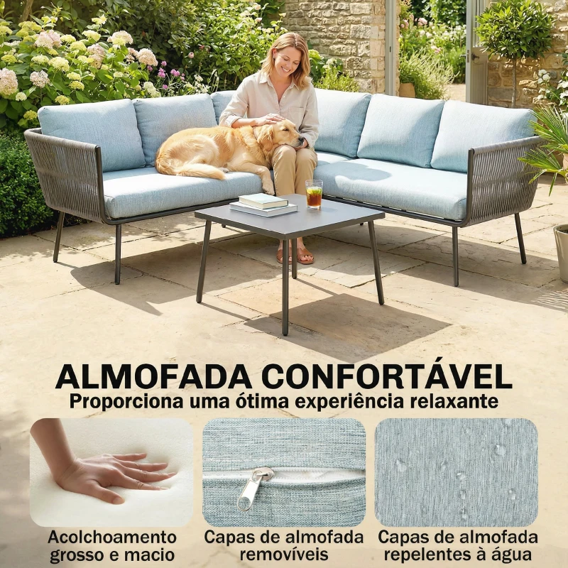 Outsunny Conjunto de Móveis de Jardim em Ratã Sofá de Canto com Almofadas e Mesa de Centro para Terraço Exterior Azul Claro