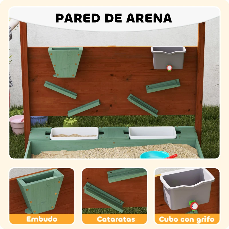 AIYAPLAY Arenero para Niños de Madera con Techo Arenero Infantil con 2 Asientos 2 Cajas Grifo Embudo 116x112,5x128 cm Verde