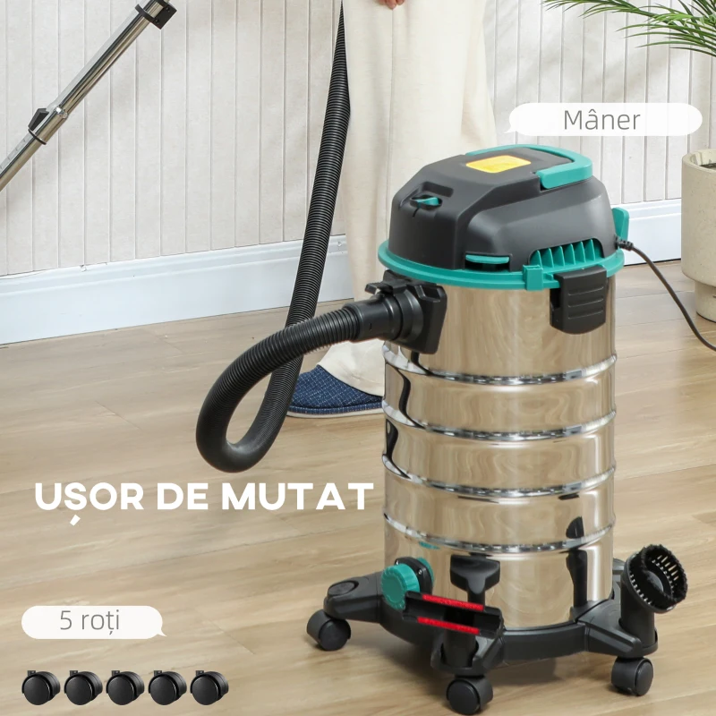 HOMCOM Aspirator 3 în 1 de 1400W, Lichide, Solide și Suflator, Capacitate 30L, Filtru Triplu și Accesorii