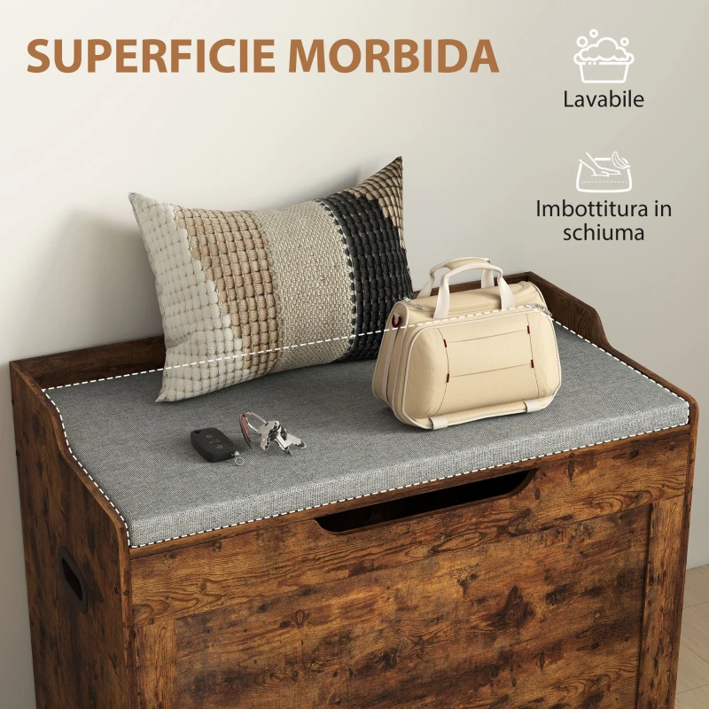 HOMCOM Panca Contenitore da 103L Multifunzione color Legno con Cuscino in Tessuto Grigio, 75x40x56 cm
