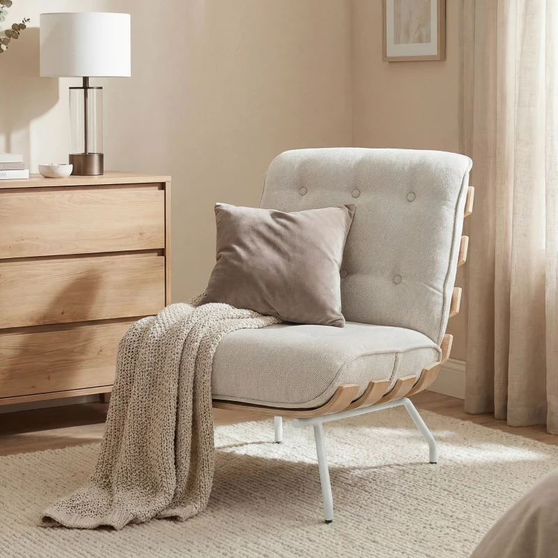 HOMCOM Butaca de Salón Tapizada en Lino con Asiento Acolchado Soporte con Listones Estructura de Acero Crema