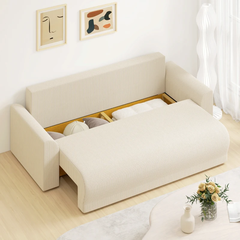 HOMCOM Schlafsofa 190x150cm 3-Sitzer Sofa mit Schlaffunktion, Kissen, Stauraum, Cord-Optik für Wohnzimmer, Beige