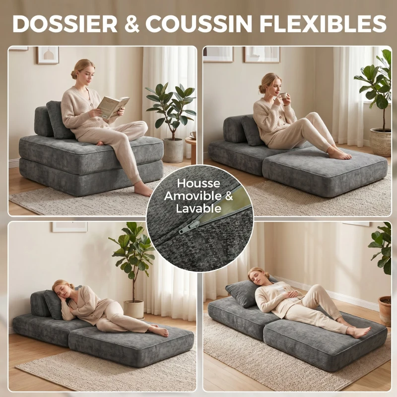 HOMCOM Canapé-lit pliant 2 en 1, chauffeuse 1 place, convertible en chenille, coussin épais, dossier et oreiller, gris