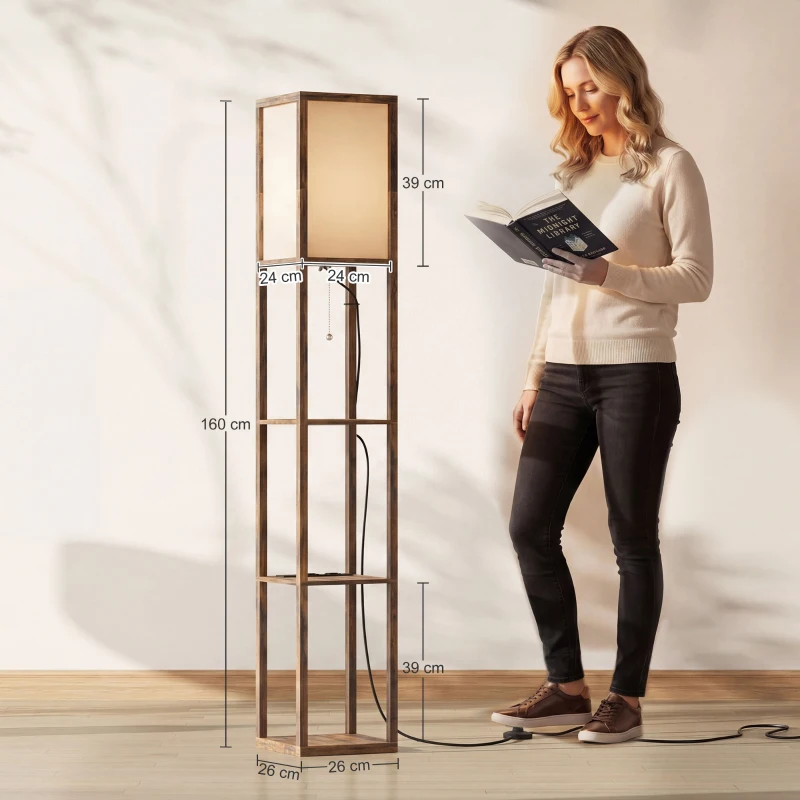 HOMCOM LED Stehlampe mit 3 Regalen, Stehleuchte mit E27 Fassung, 26 x 26 x 160 cm, für Wohn-/Schlafzimmer