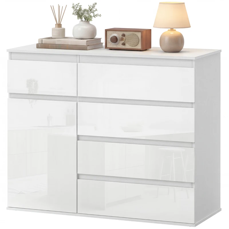 HOMCOM Credenza, Mobile con 5 Cassetti, Ripiano Regolabile, Bianco Lucido.