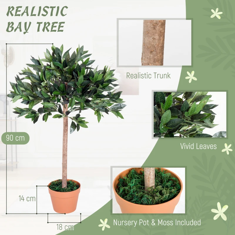 Outsunny Artificial Bay Tree In Pot, 3ft Tall Indoor Outdoor Garden Topiary Ball with Solid Wood Trunk, Realistic Lush Green Leaves for Home Office Garden Porch