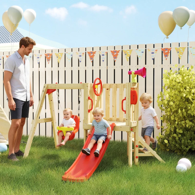 Outsunny Parque Infantil Exterior de Madera con Columpio Tobogán Volante Bocina Teléfono para Patio Césped Rojo y Natural