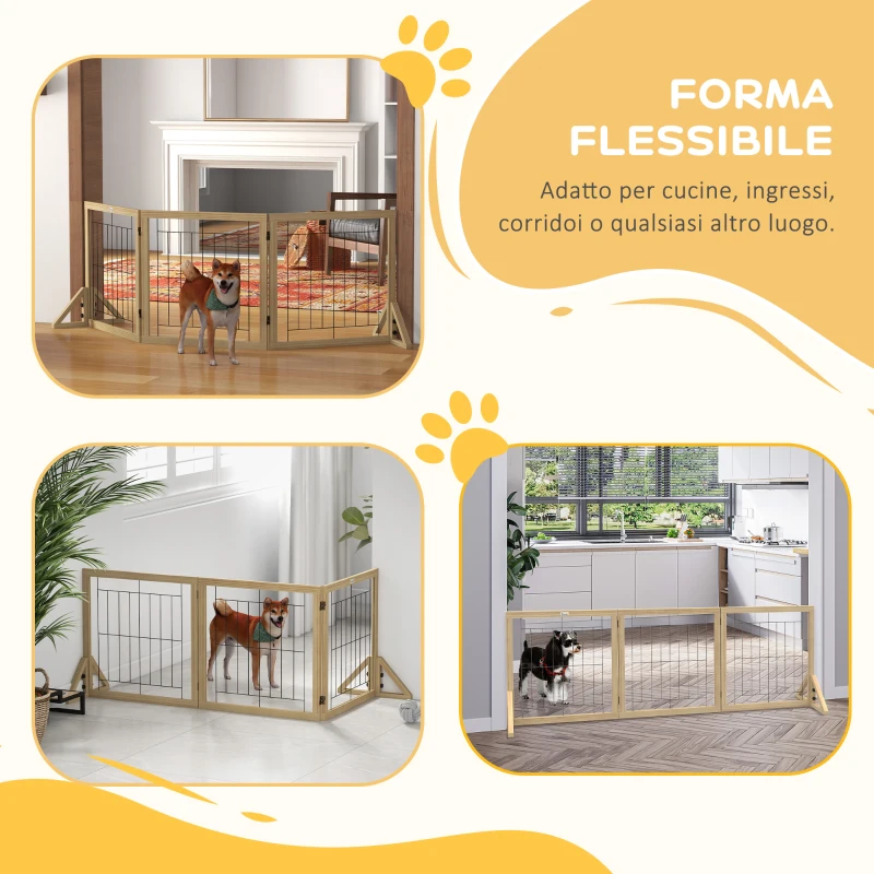PawHut Cancellino per Cani Pieghevole con 3 Pannelli e Piedini Triangolari, 210x70 cm, Legno Naturale