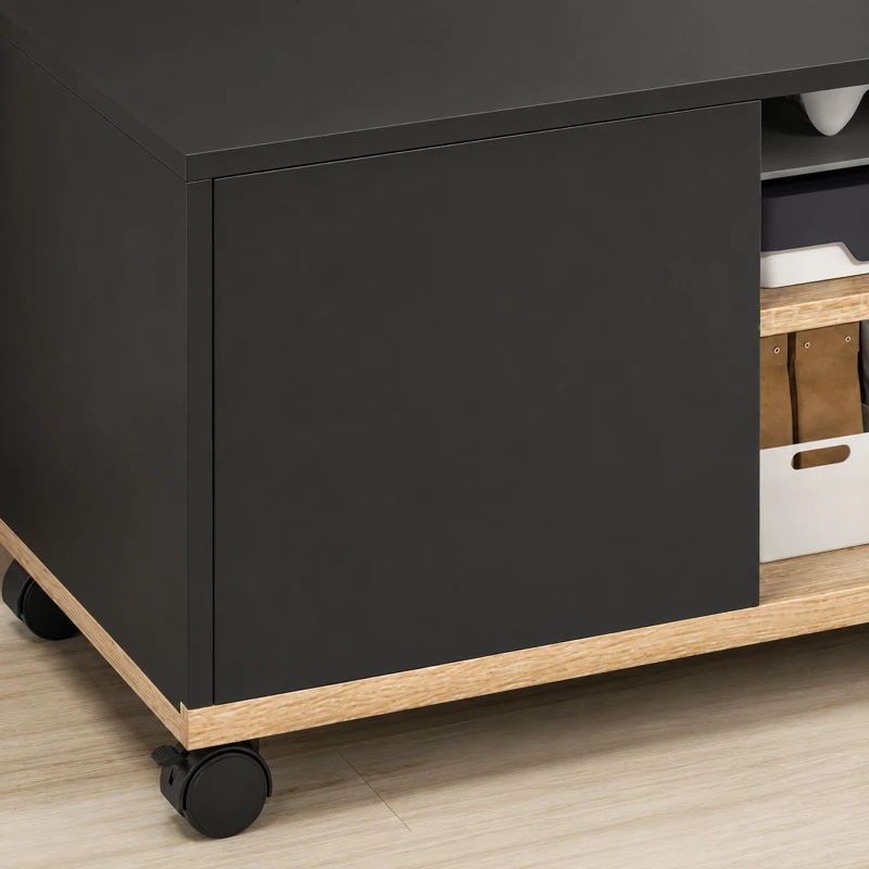 HOMCOM TV-board op wielen met remmen, tv-meubel met kast en verstelbare plank, zwart en eiken