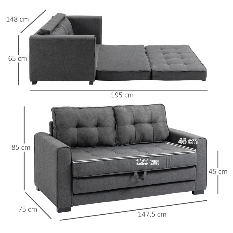 HOMCOM Canapea Extensibilă din Material Textil 2 Locuri cu Tapițerie și Arcuri, 151x75x85 cm, Gri