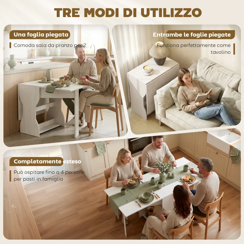 HOMCOM Tavolo da Pranzo Pieghevole per 4 Persone con Ripiano, in Legno, 160x60x75 cm, Bianco