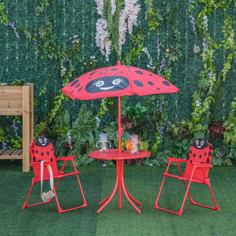Outsunny Ensemble Salon de Jardin Enfant 4 pcs Design Coccinelle - Table Ronde + 2 chaises Pliables + Parasol - métal époxy Oxford Rouge