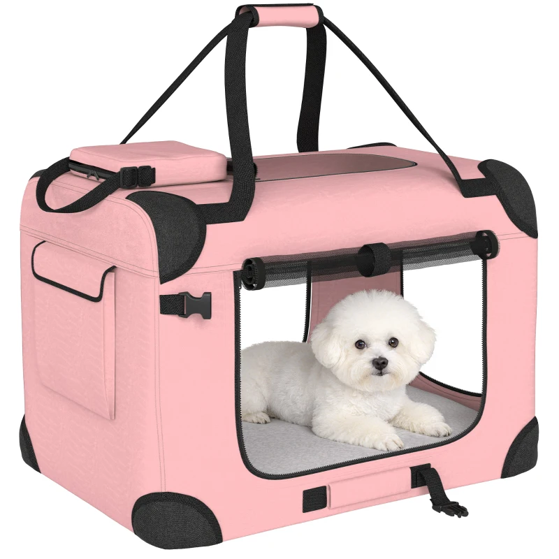 PawHut Transportadora Dobrável para Cães 60x41,5x41 cm com Janelas de Rede, Almofada Macia e 2 Alças para Mini Cães e Gatos Rosa