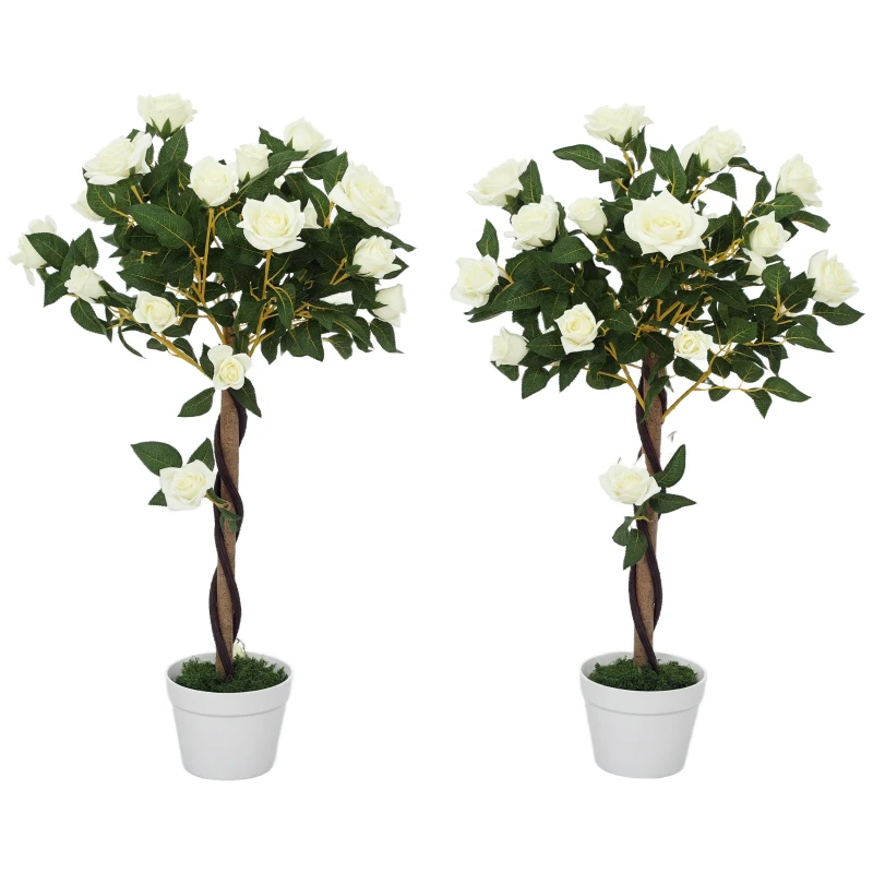 Outsunny Plantă artificială de trandafir cu 21 de flori și ghiveci umplut cu ciment și mușchi, Ø18x90 cm, albă