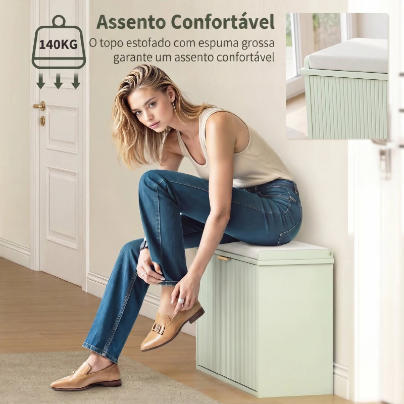 HOMCOM Banco Sapateira com Assento Acolchoado Gaveta Rebatível Prateleira Ajustável para Entrada ou Quarto 80x26x47,5 cm Verde Claro