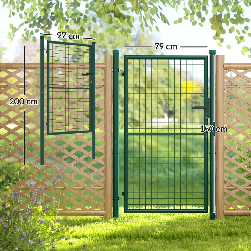 Outsunny Cancello da Giardino in Acciaio 97x200 cm, Cancelletto da Giardino con Serratura, 3 Chiavi, Maniglia e 2 Pali