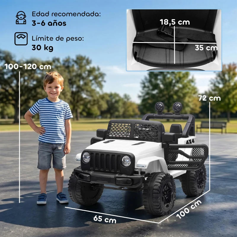 HOMCOM Coche Eléctrico para Niños de +3 Años Vehículo Todoterreno de Batería 12V con Control Remoto 100x65x72 cm Blanco