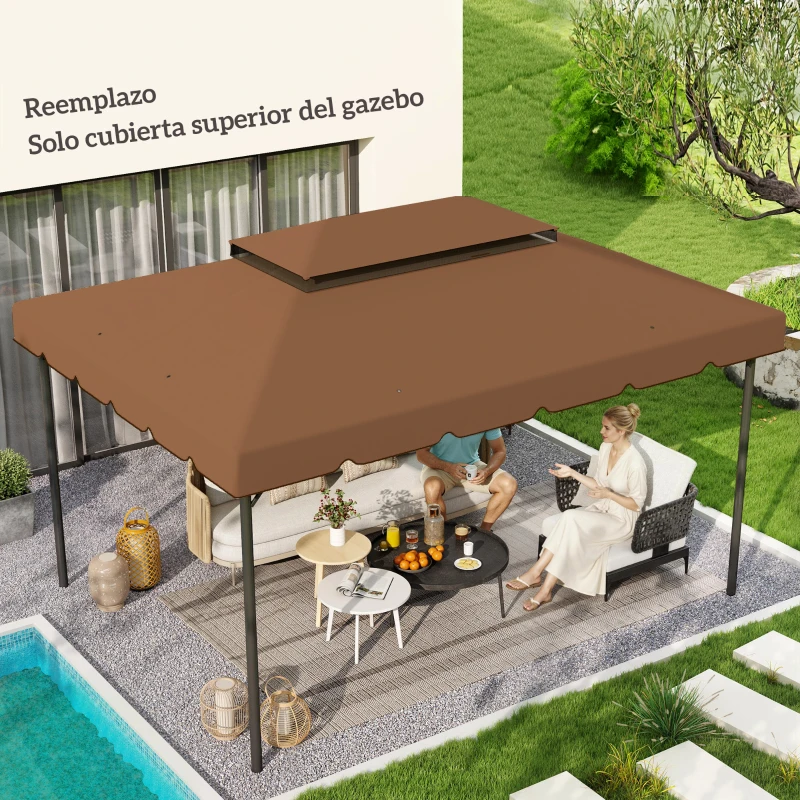 Outsunny Toldo de Recambio para Cenador 4x3 m con Techo Doble Orificios de Drenaje Solo Toldo NO Incluye Marco Café