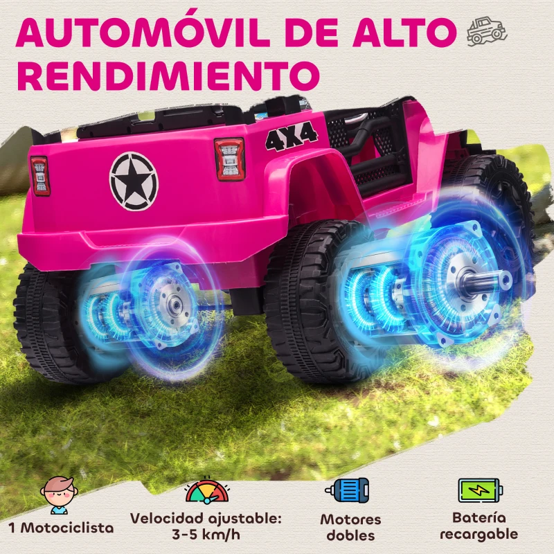 HOMCOM Coche Eléctrico para Niños de +3 Años Vehículo Todoterreno de Batería 12V con Control Remoto 100x65x72 cm Rosa