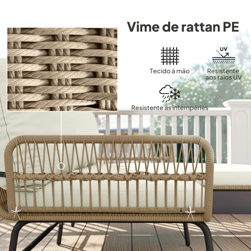 Outsunny Conjunto de Móveis de Jardim Exterior em Ratã com Sofá de 2 Lugares Chaise Longue Almofadas e Mesa Creme
