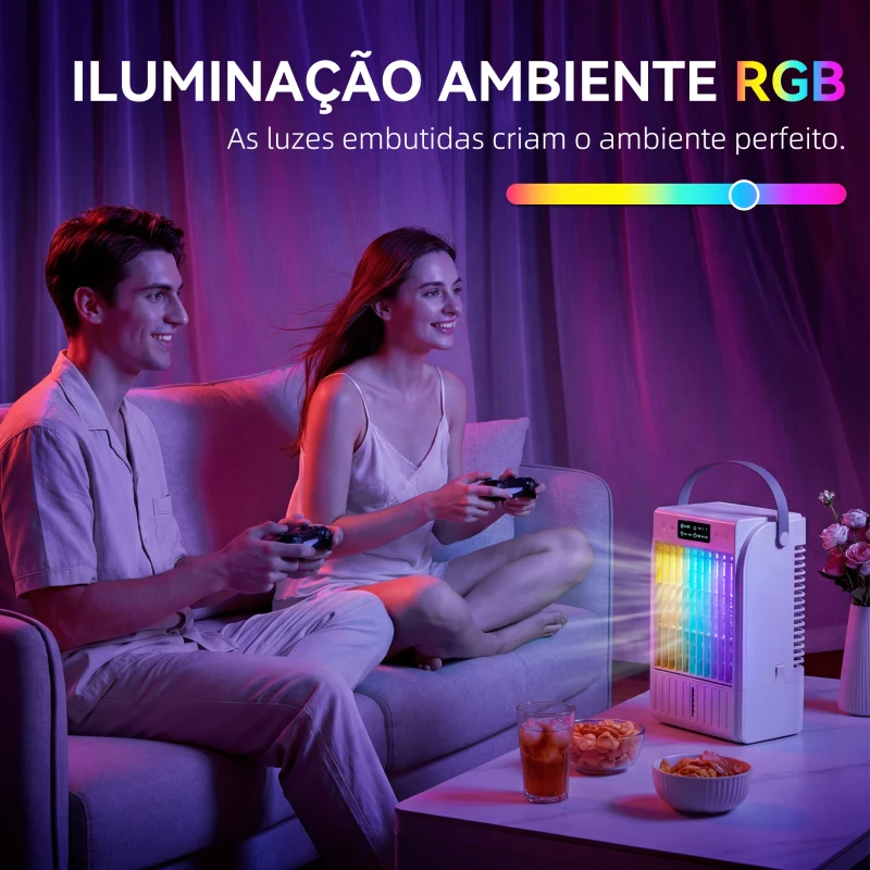 HOMCOM Mini Ar Condicionado 4 em 1 com 4 Velocidades, 2 Modos de Nebulização e Luz LED RGB de 7 Cores Branco