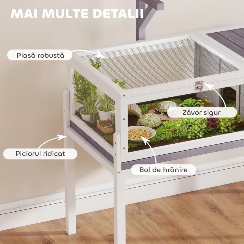 PawHut Casă pentru Țestoase Înălțată cu Separator, Sertar și 2 Capace, Teren pentru Țestoase din Lemn de Brad și PS, 104x53x82 cm, Gri și Alb