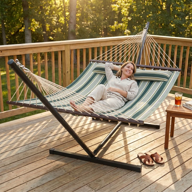 Outsunny Hamac sur pied 353 cm, hamac avec support acier avec coussin amovible et barres d'écartement, vert