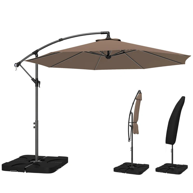 Outsunny 3m Overhanging Parasol, with Base, Weights and Cover - Coffee