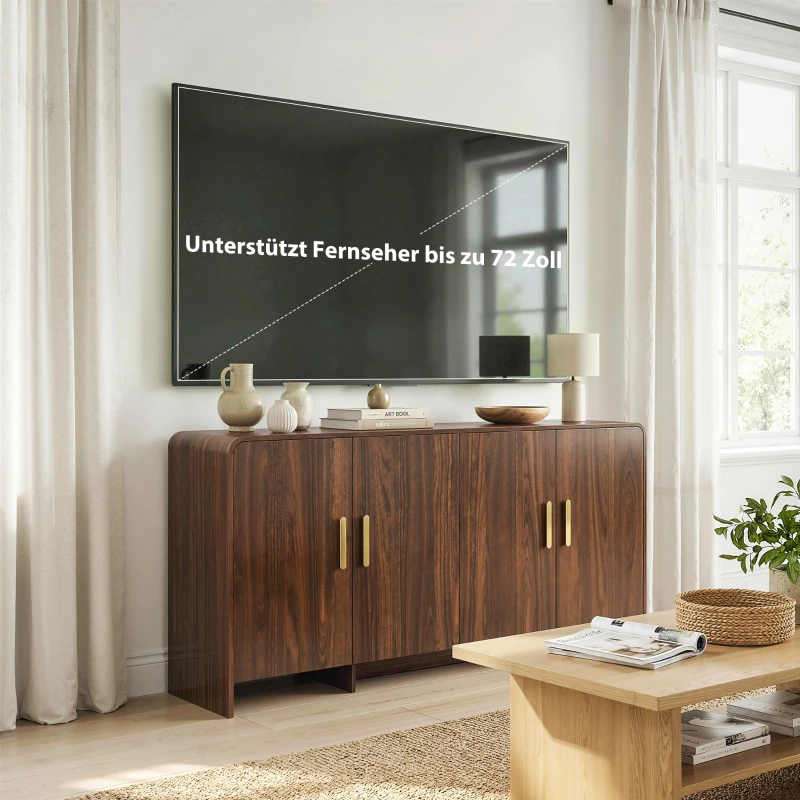 HOMCOM 152 cm Sideboard Küchenschrank mit 4 Soft-Close-Türen, TV-Schrank für Wohnzimmer Küche, Walnussbraun