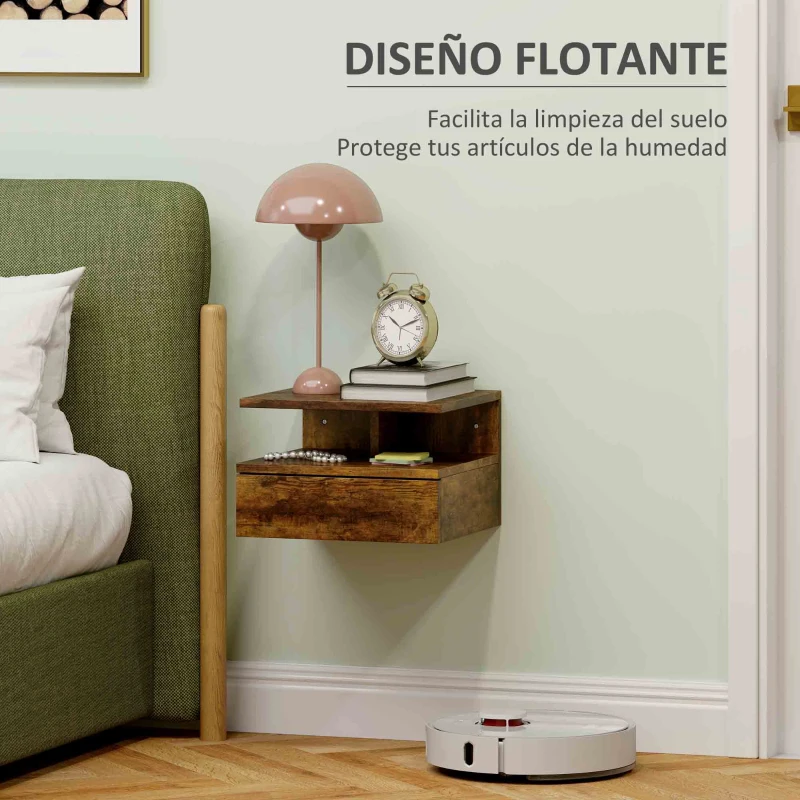 HOMCOM 2 Mesitas de Noche Flotantes con 1 Cajón y Estante Abierto Diseño Moderno 35x32x22,5 cm Marrón Rústico