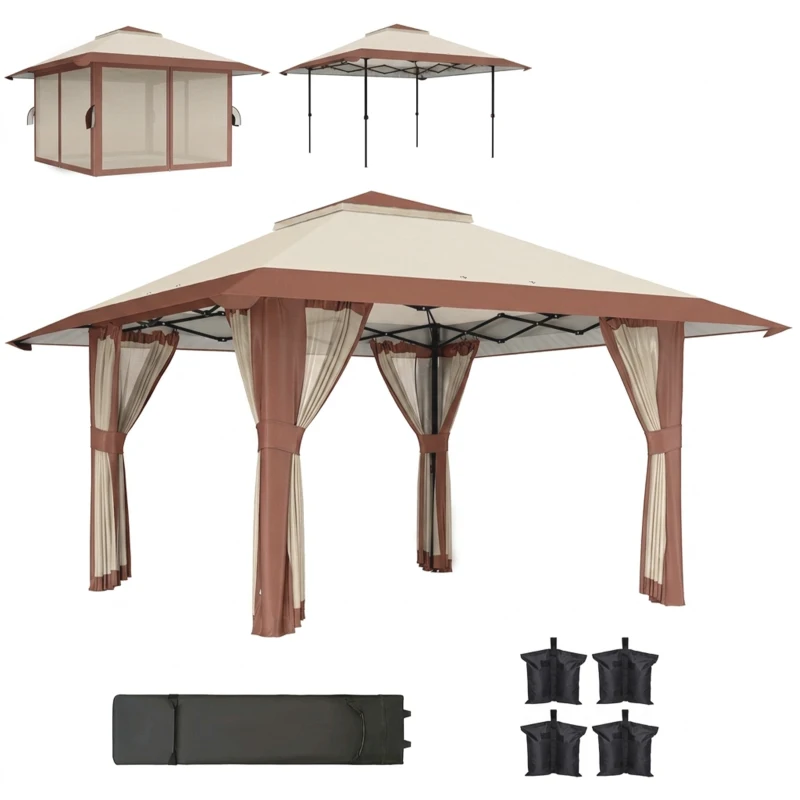 Outsunny 4 x 4 m Garten-Pavillon, Gartenzelt mit Netzwänden, UPF50+ Schutz, Höhenverstellbares Partyzelt, Beige
