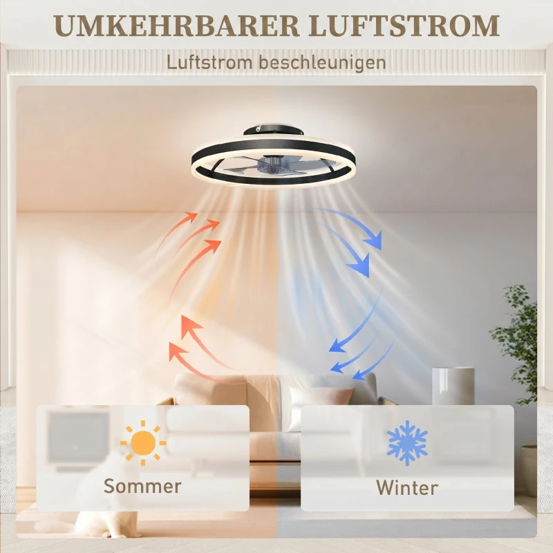 HOMCOM Deckenventilator mit Licht und Fernbedienung, LED-Deckenventilator mit 3 Farbtemperaturen, 6 Geschwindigkeiten, 50 cm