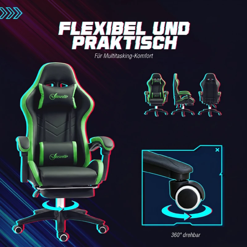 Vinsetto Scaun de Gaming cu Înălțime Reglabilă și Spătar Rabatabil, 65x65x121-129 cm, Negru și Verde