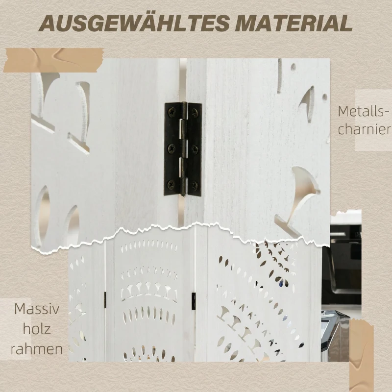 HOMCOM Biombo Plegable de 3 Paneles de Madera 120x170 cm Biombo Separador de Ambientes con Patrones Tallados Elegantes Blanco