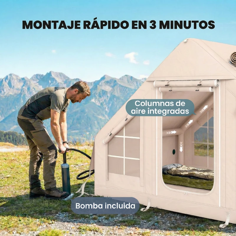 Outsunny Tienda de Campaña Inflable con Apertura de Chimenea y Claraboya Bomba Bolsa UPF30+ para 4 Estaciones Impermeable 5000+