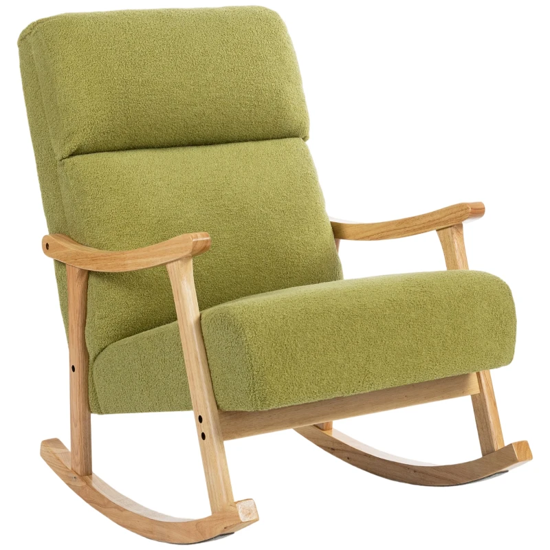HOMCOM Silla Mecedora de Borreguito con Patas y Reposabrazos de Madera de Caucho Mecedora Carga 120 kg Verde Claro