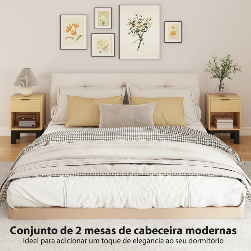 HOMCOM Conjunto de 2 Mesas de Cabeceira Estreitas Mesas de Cabeceira Modernas com Gaveta e Prateleira Aberta 35x26x50 cm Carvalho