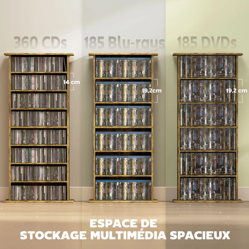 HOMCOM Rangements pour CD et DVD avec 8 compartiments et 6 étagères réglables, capacité max. 360 CD/185 DVD et Blu-ray, marron