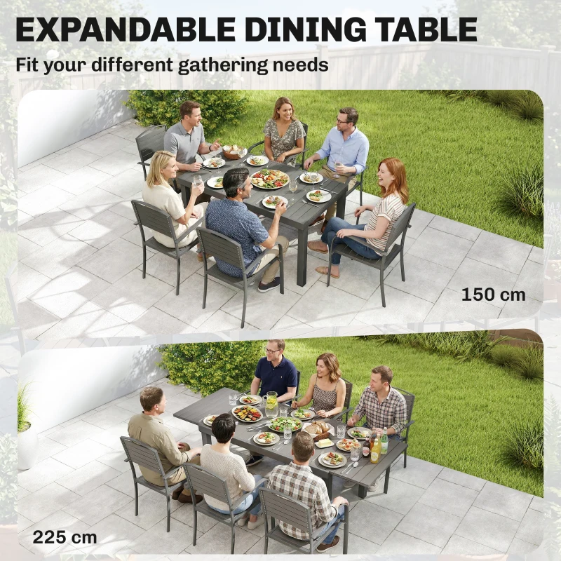 Outsunny Gartenmöbel Set Sitzgruppe 7-teilig Ausziehbar Tisch mit 6 stapelbaren Stühlen Holzoptik Lamelldesign Aluminiumrahmen