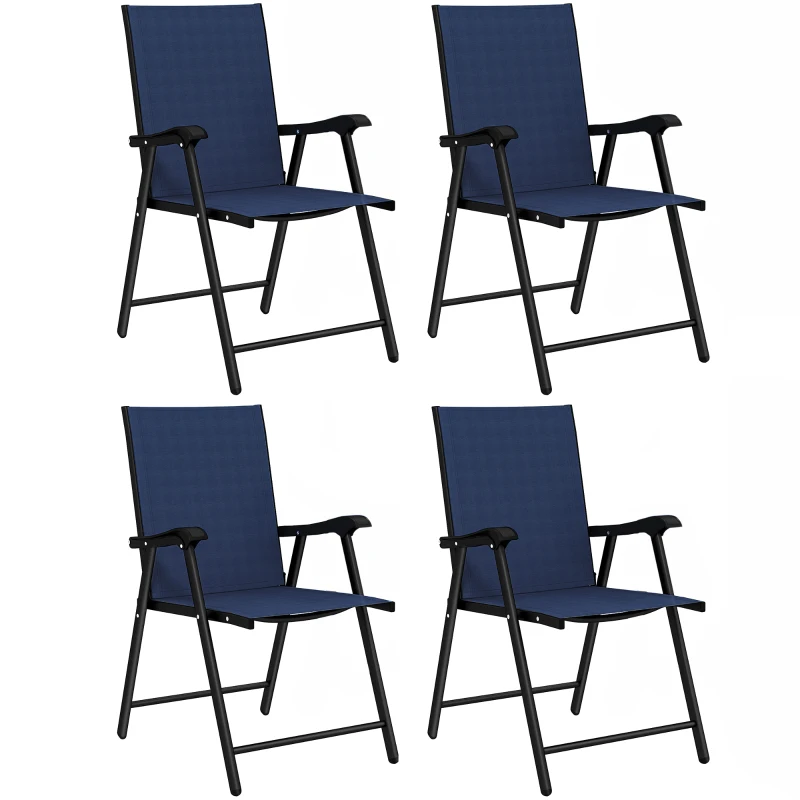 Outsunny Folding Garden Chairs Set of 4, Foldable Garden Dining Chairs with High Back, Armrests, Texteline Seat, Navy Blue