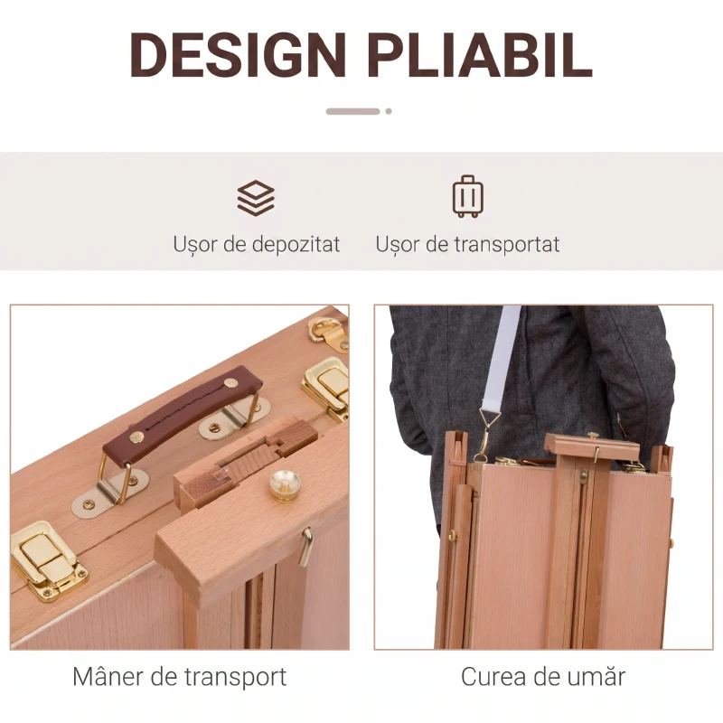 HOMCOM Chevalet din lemn ajustabil, pliabil, ideal pentru artiști, cu depozitare integrată