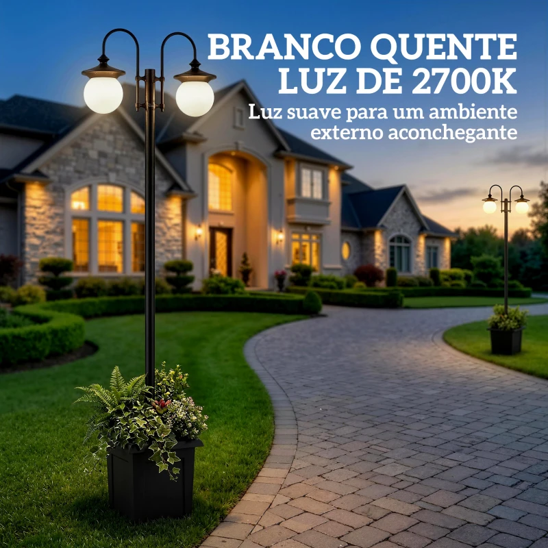 Outsunny Candeeiro Solar de Exterior com Vaso 2 Cabeçais Impermeável IP44 Ligação Automática Altura Ajustável